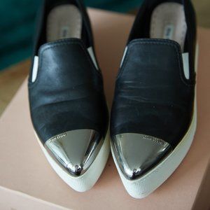 MIU MIU Black Leather Metal Cap Toe Platform Slip On Sneakers Size 36.5